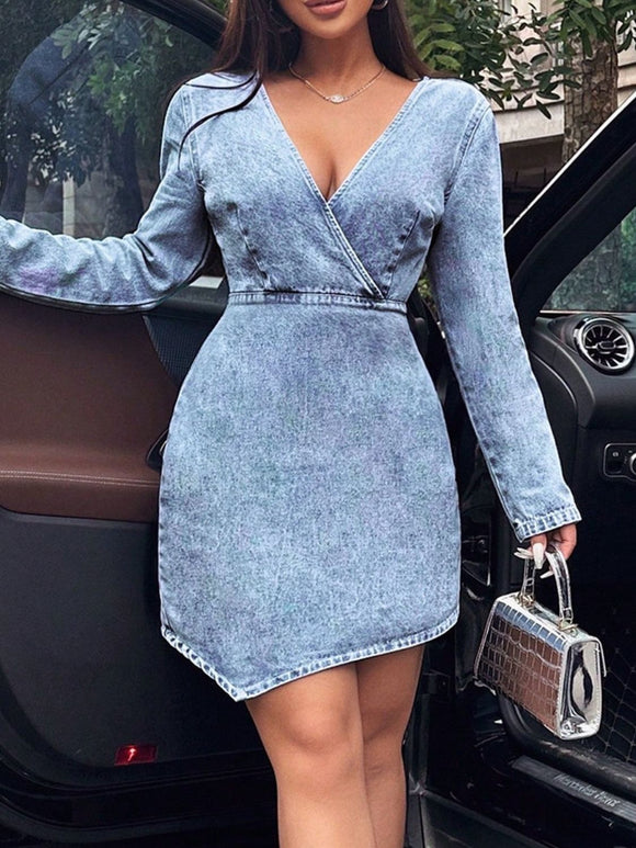 Surplice Long Sleeve Denim Dress