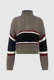 Cable-Knit Striped Quarter Zip Turtleneck Sweater